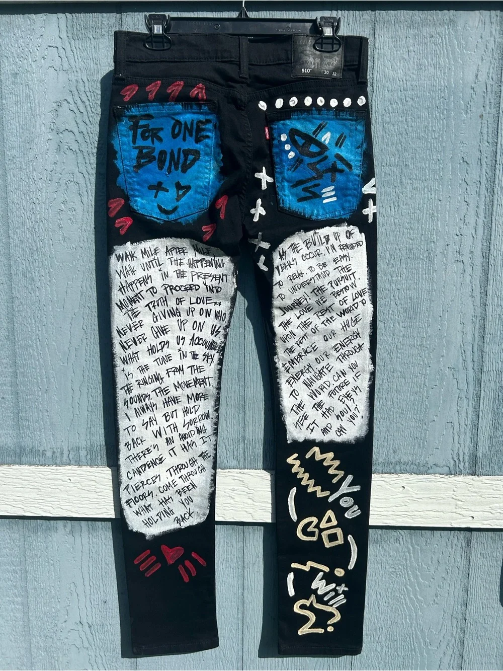 Hand-Painted Black Skinny Jeans with Blue & Pink Graffiti on Levi 510 jeans New